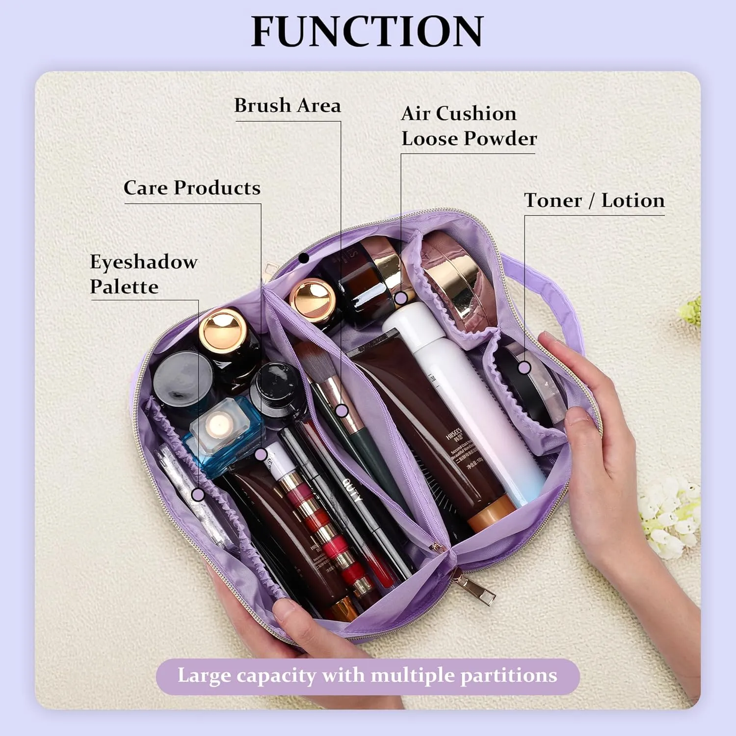 Stoney Clover Preppy Makeup Bag, Large Capacity Travel Cosmetic Bag, Chenille Letter Open Flat Nylon Bag, Purple
