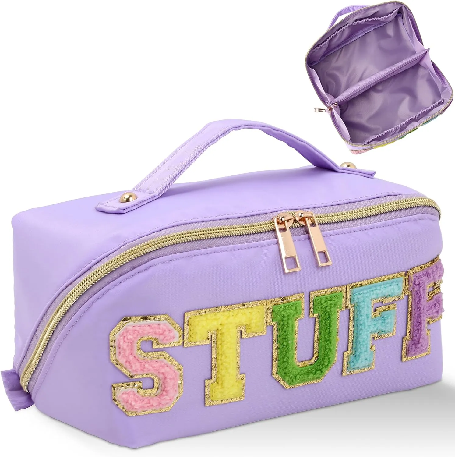 Stoney Clover Preppy Makeup Bag, Large Capacity Travel Cosmetic Bag, Chenille Letter Open Flat Nylon Bag, Purple