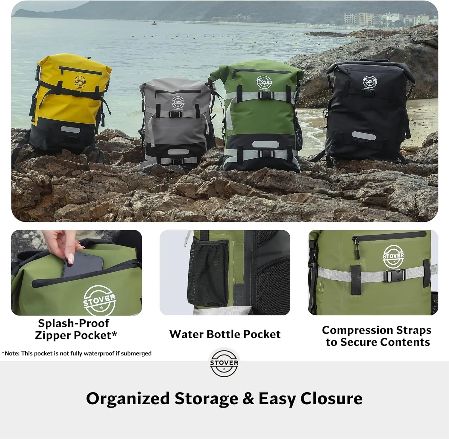 STOVER 5/10/25/30/40/55L Waterproof Dry Backpack- Large Floating Dry Bag for Kayaking, Travel, Tubing, Hiking, Fishing, Camping, Motorcycles & the Beach, Heavy-Duty Roll Top Men/Women (Green)