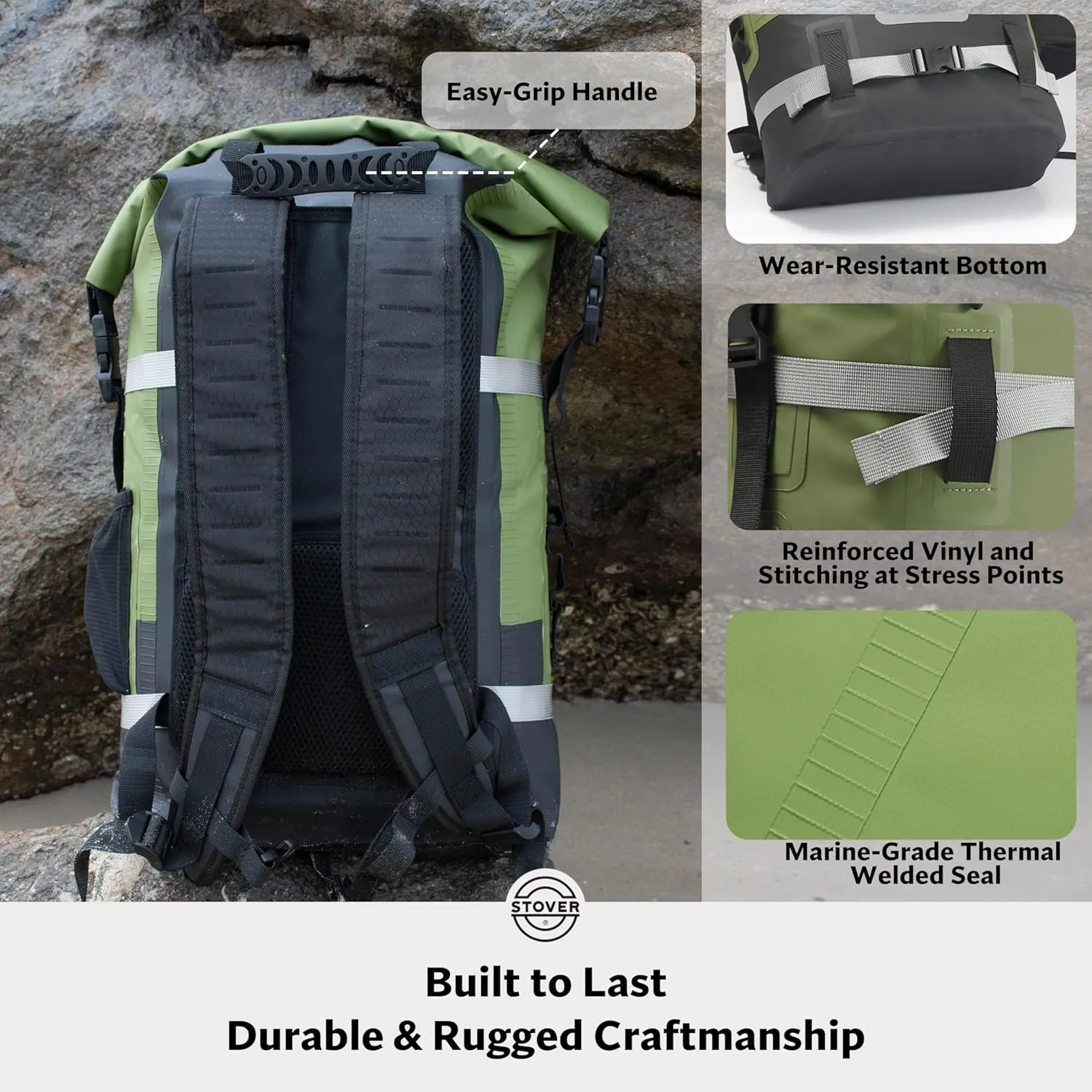 STOVER 5/10/25/30/40/55L Waterproof Dry Backpack- Large Floating Dry Bag for Kayaking, Travel, Tubing, Hiking, Fishing, Camping, Motorcycles & the Beach, Heavy-Duty Roll Top Men/Women (Green)