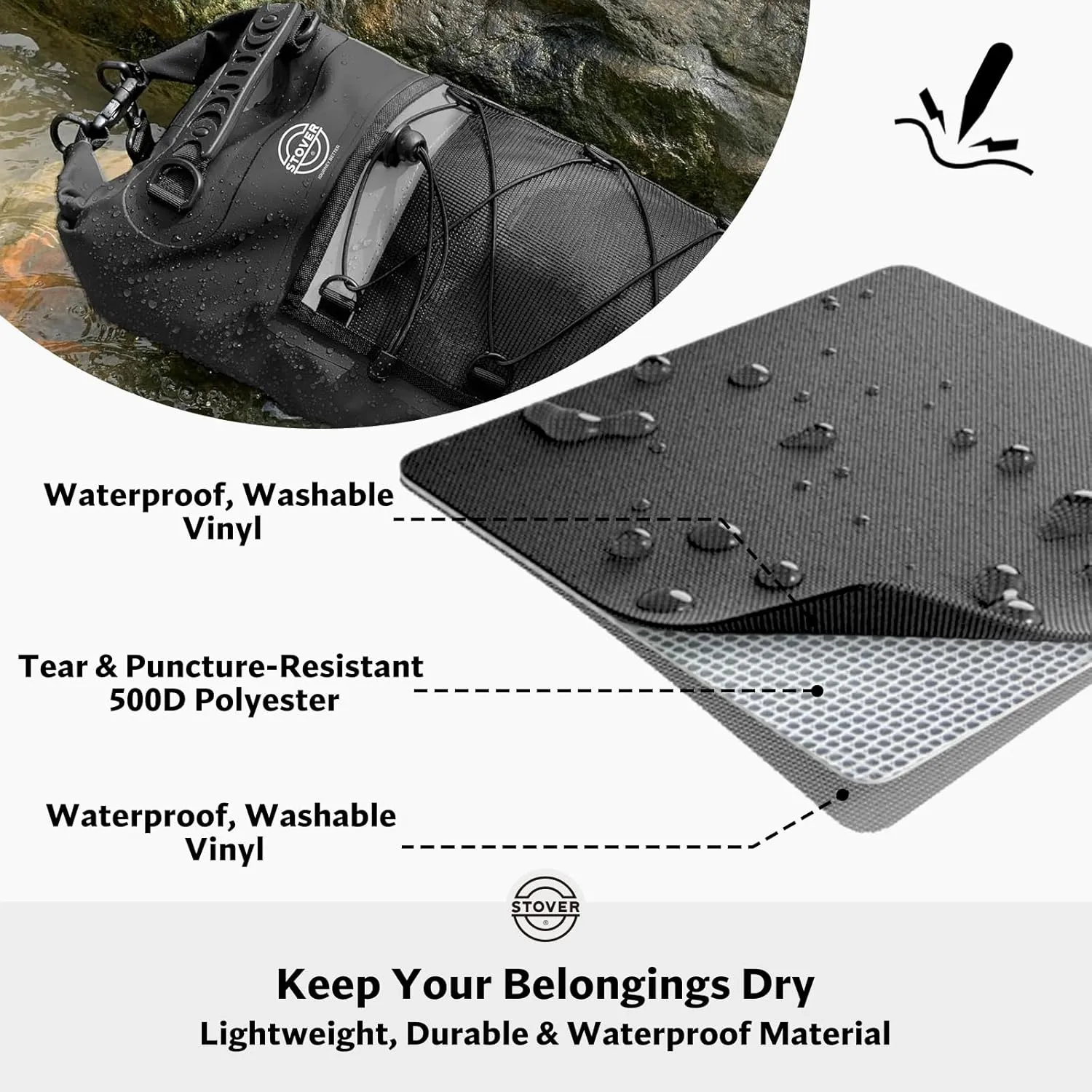 STOVER 5/10/25/30/40/55L Waterproof Dry Backpack- Medium Floating Dry Bag for Kayaking, Travel, Tubing, Hiking, Fishing, Camping, Motorcycles & Beach, Heavy-Duty Roll Top Men/Women (Black)