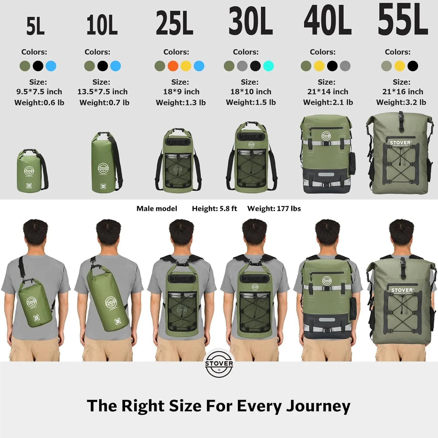 STOVER 5/10/25/30/40/55L Waterproof Dry Backpack- Medium Floating Dry Bag for Kayaking, Travel, Tubing, Hiking, Fishing, Camping, Motorcycles & Beach, Heavy-Duty Roll Top Men/Women (Black)