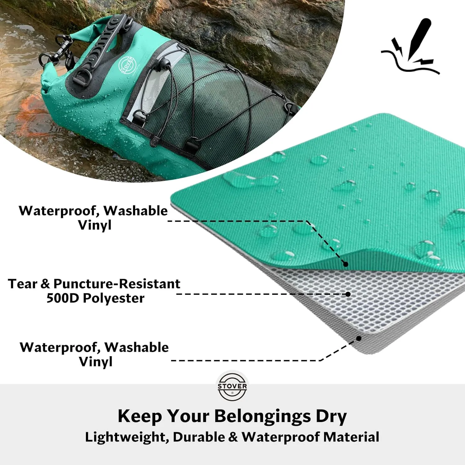 STOVER 5/10/25/30/40/55L Waterproof Dry Backpack- Medium Floating Dry Bag for Kayaking, Travel, Tubing, Hiking, Fishing, Camping, Motorcycles & Beach, Heavy-Duty Roll Top Men/Women (Teal)
