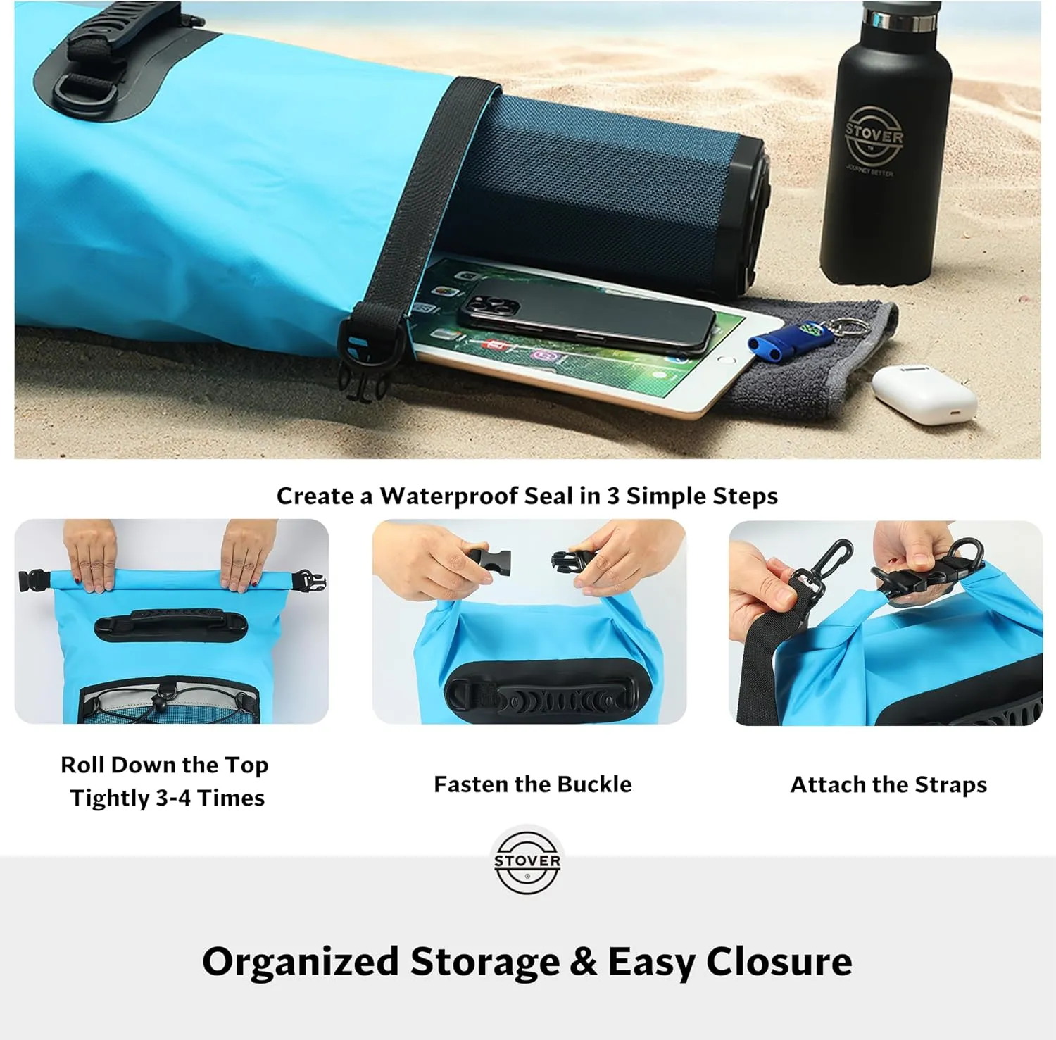 STOVER 5/10/25/30/40/55L Waterproof Dry Backpack- Medium Floating Dry Bag for Kayaking, Travel, Tubing, Hiking, Fishing, Camping, Motorcycles & the Beach, Heavy-Duty Roll Top Men/Women (Blue)