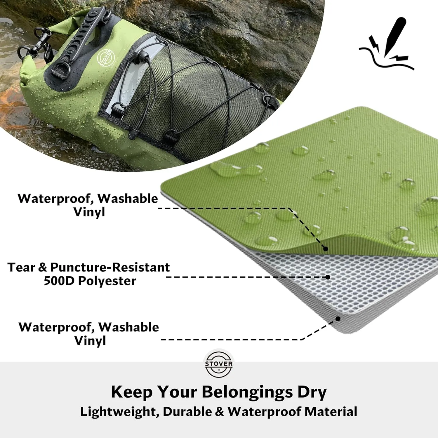STOVER 5/10/25/30/40/55L Waterproof Dry Backpack- Medium Floating Dry Bag for Kayaking, Travel, Tubing, Hiking, Fishing, Camping, Motorcycles & the Beach, Heavy-Duty Roll Top Men/Women (Green)