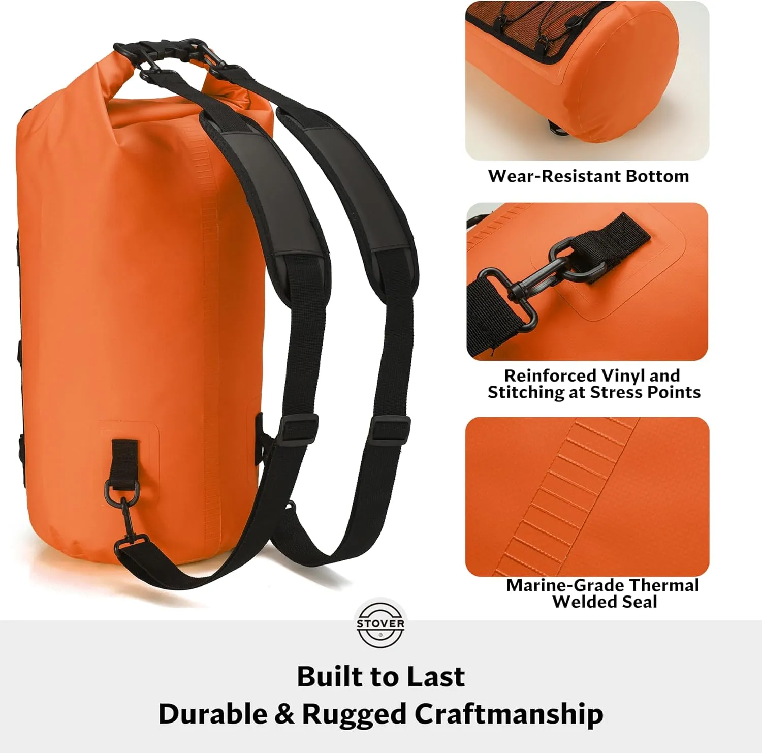 STOVER 5/10/25/30/40/55L Waterproof Dry Backpack- Medium Floating Dry Bag for Kayaking, Travel, Tubing, Hiking, Fishing, Camping, Motorcycles & the Beach, Heavy-Duty Roll Top Men/Women (Orange)