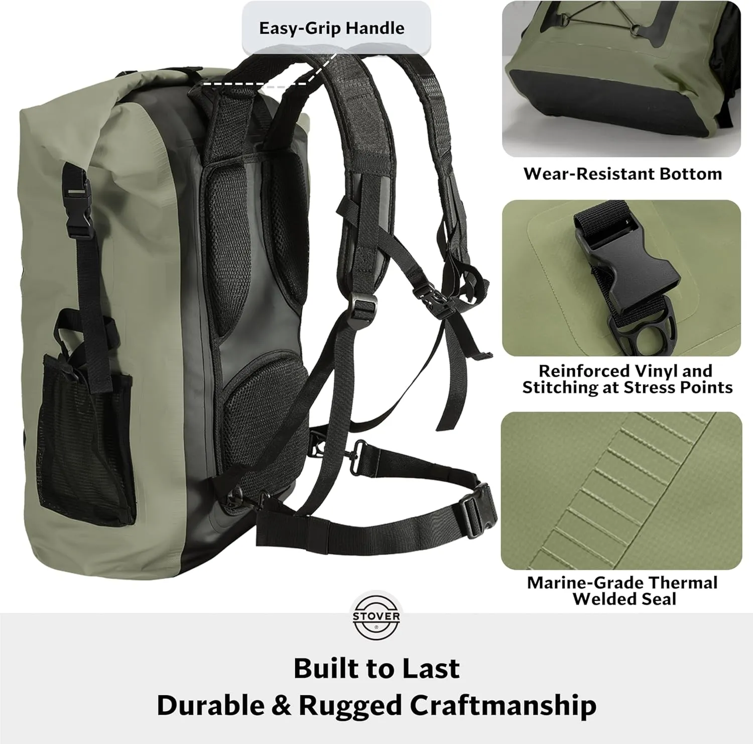 STOVER 5/10/25/30/40/55L Waterproof Dry Backpack- XL Floating Dry Bag for Kayaking, Travel, Tubing, Hiking, Fishing, Camping, Motorcycles, the Beach, Heavy-Duty Roll Top Men/Women (Green)