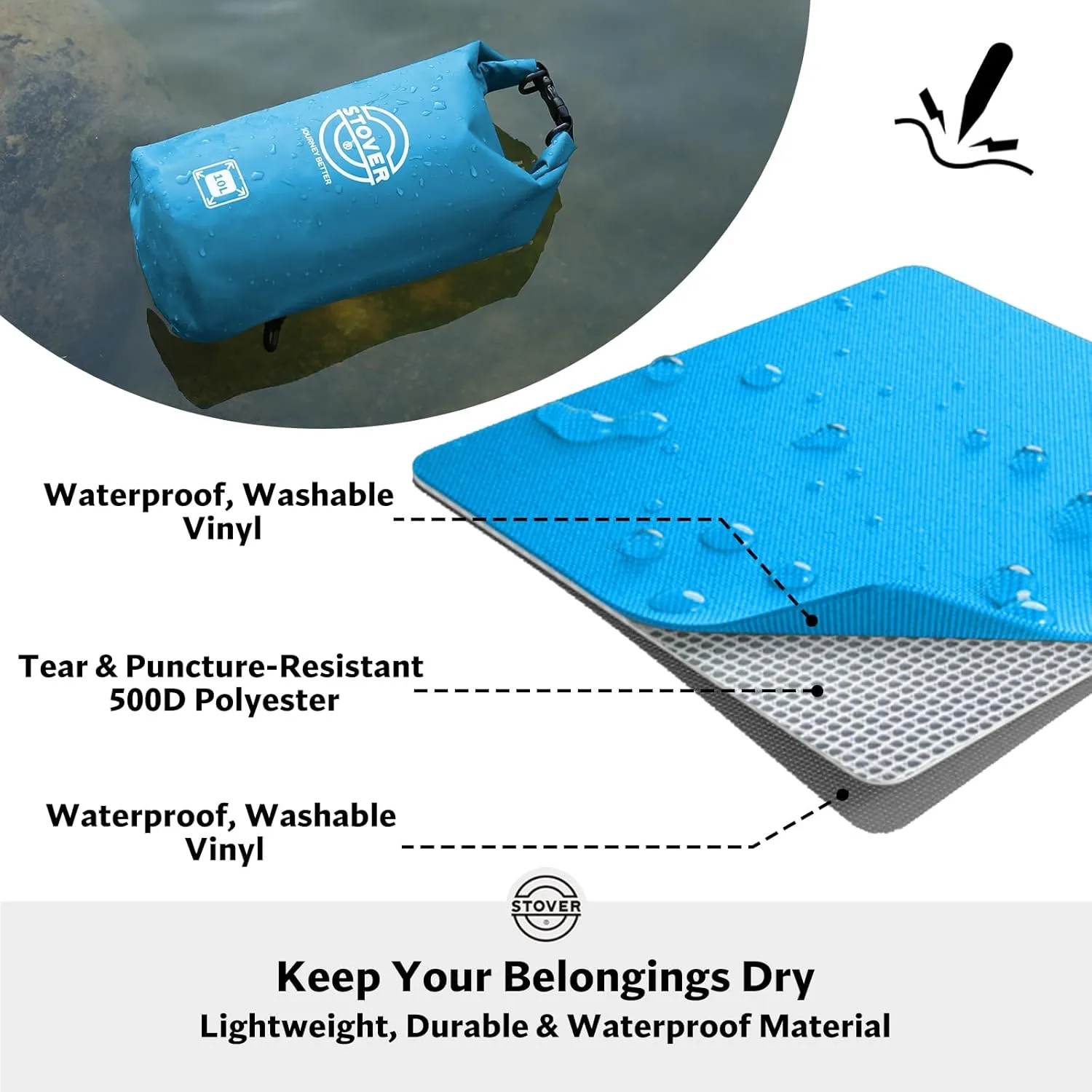 STOVER 5/10/25/30/40/55L Waterproof Dry Bag, Small Lightweight Roll Top Dry Bag Backpack w/Waterproof Phone Case, Kayaking, Travel, Hiking, Fishing, Tubing, Camping, the Beach, Men/Women (Blue)