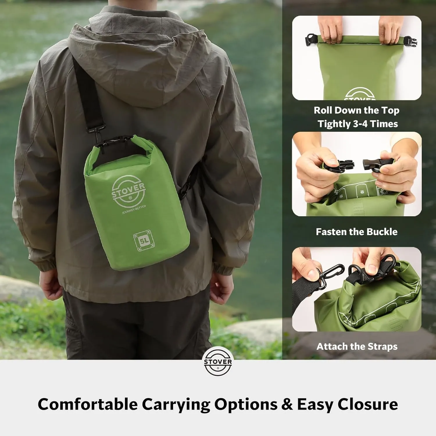 STOVER 5/10/25/30/40/55L Waterproof Dry Bag, Small Lightweight Roll Top Dry Bag Backpack w/Waterproof Phone Case, Kayaking, Travel, Hiking, Fishing, Tubing, Camping, the Beach, Men/Women (Green)