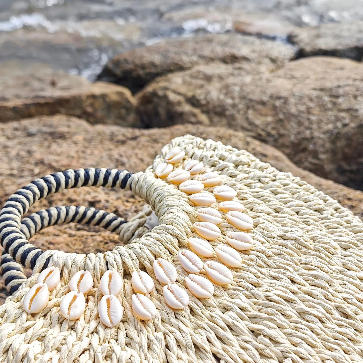 Straw Beach Bag for Women,Boho Chic Straw Purse for Travel, Vacations Summer Woven Tote with Silk Scarf & Shell