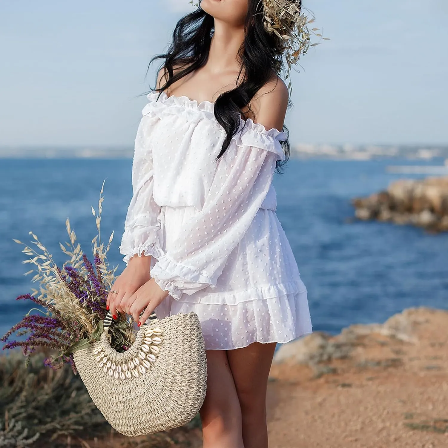 Straw Beach Bag for Women,Boho Chic Straw Purse for Travel, Vacations Summer Woven Tote with Silk Scarf & Shell