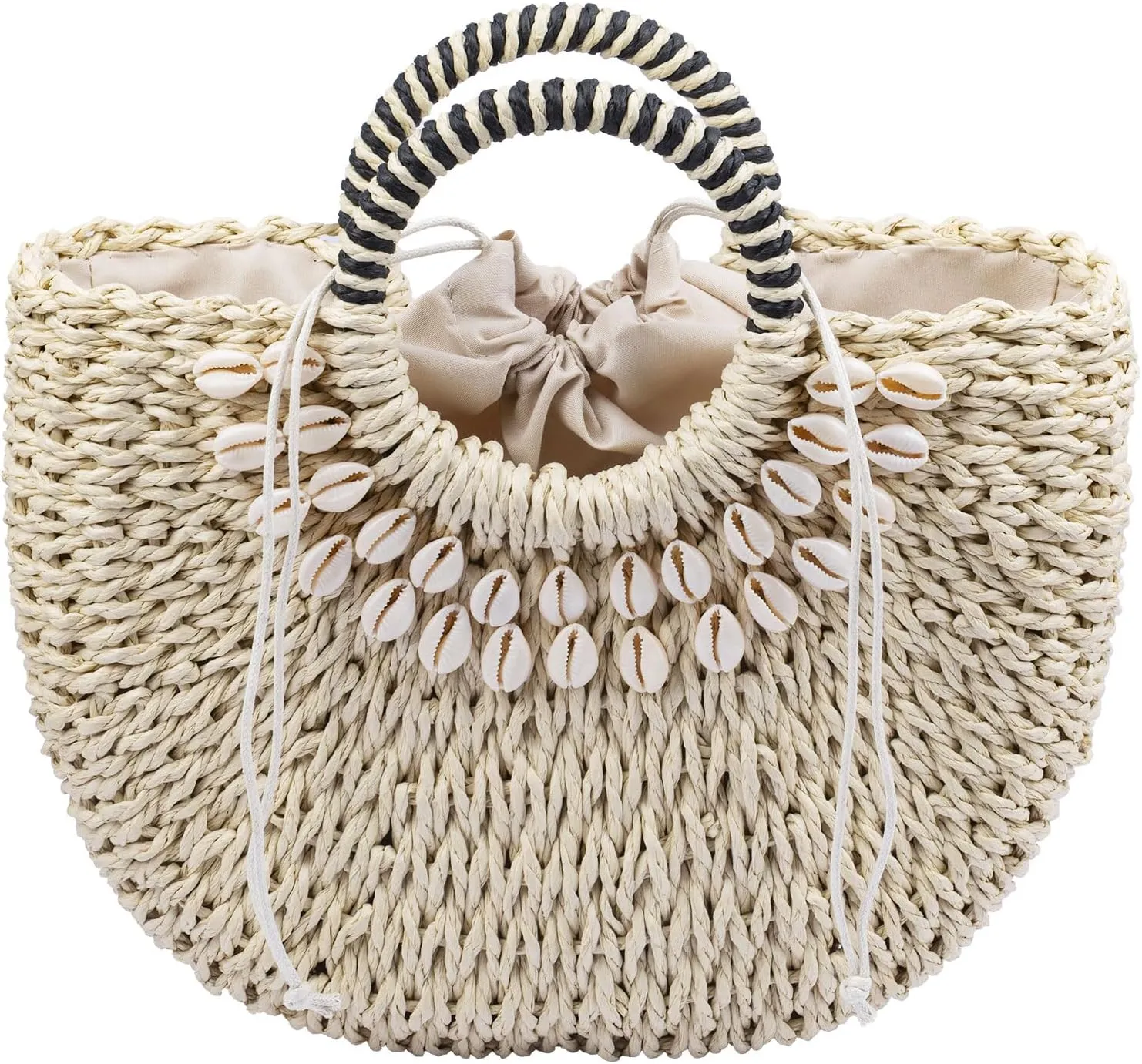 Straw Beach Bag for Women,Boho Chic Straw Purse for Travel, Vacations Summer Woven Tote with Silk Scarf & Shell