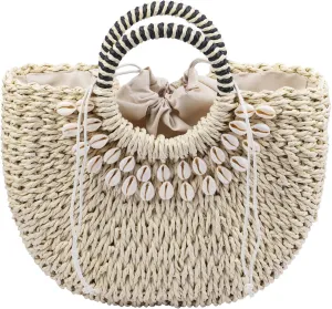 Straw Beach Bag for Women,Boho Chic Straw Purse for Travel, Vacations Summer Woven Tote with Silk Scarf & Shell