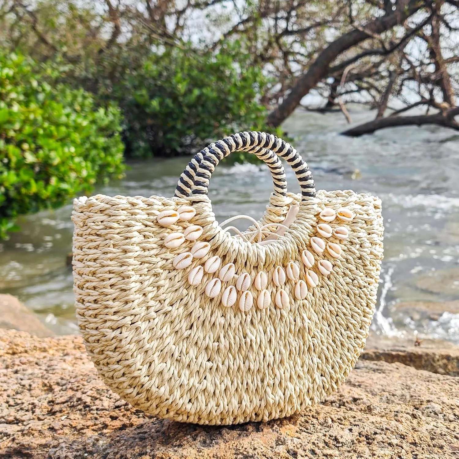 Straw Beach Bag for Women,Boho Chic Straw Purse for Travel, Vacations Summer Woven Tote with Silk Scarf & Shell