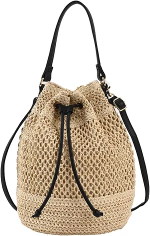 Straw Bucket Bag Summer Woven Crossbody Bags for Women Hobo Drawstring Purse Vacation Handbags Straw Beach Bag