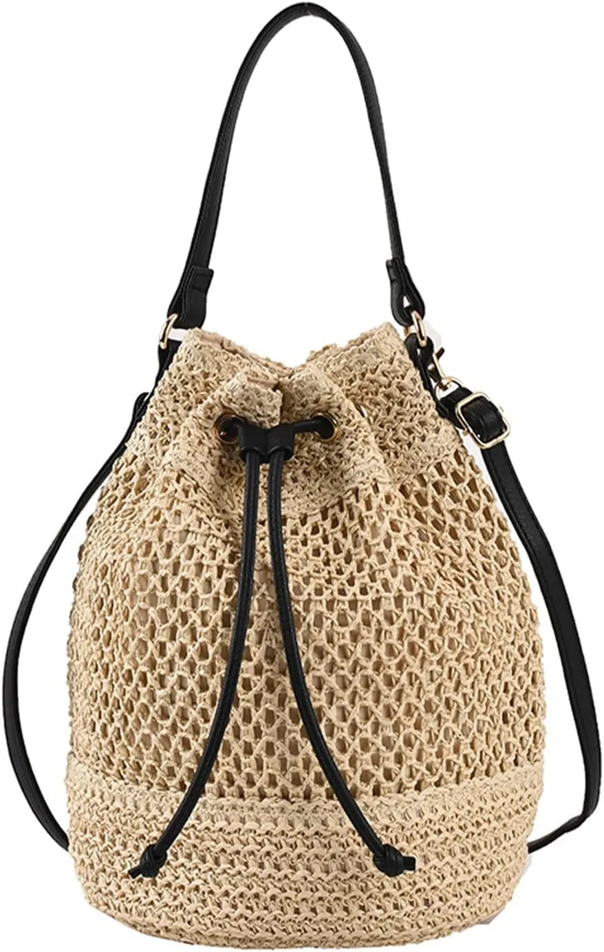 Straw Bucket Bag Summer Woven Crossbody Bags for Women Hobo Drawstring Purse Vacation Handbags Straw Beach Bag