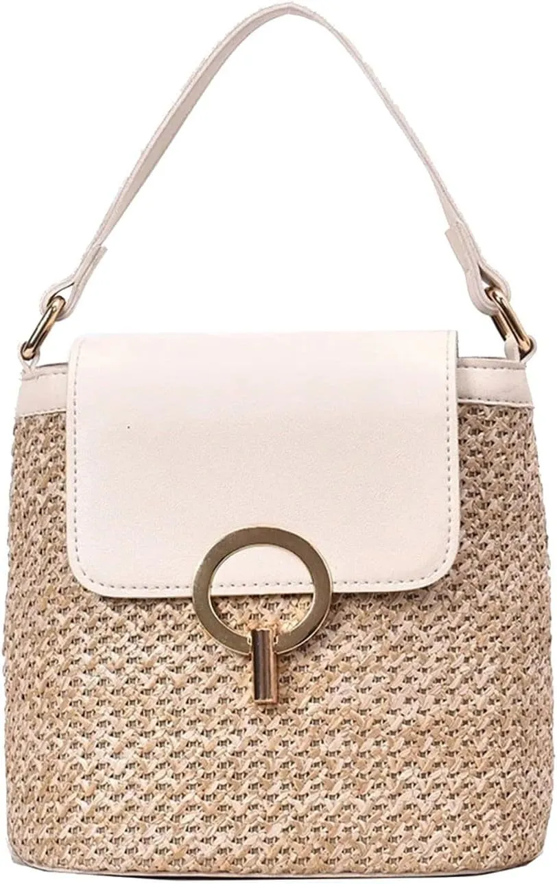 Straw Weave Women Ladies Bucket Handbags Summer Beach Shoulder Bags Canvas Denim Messenger Bag (B, One Size)