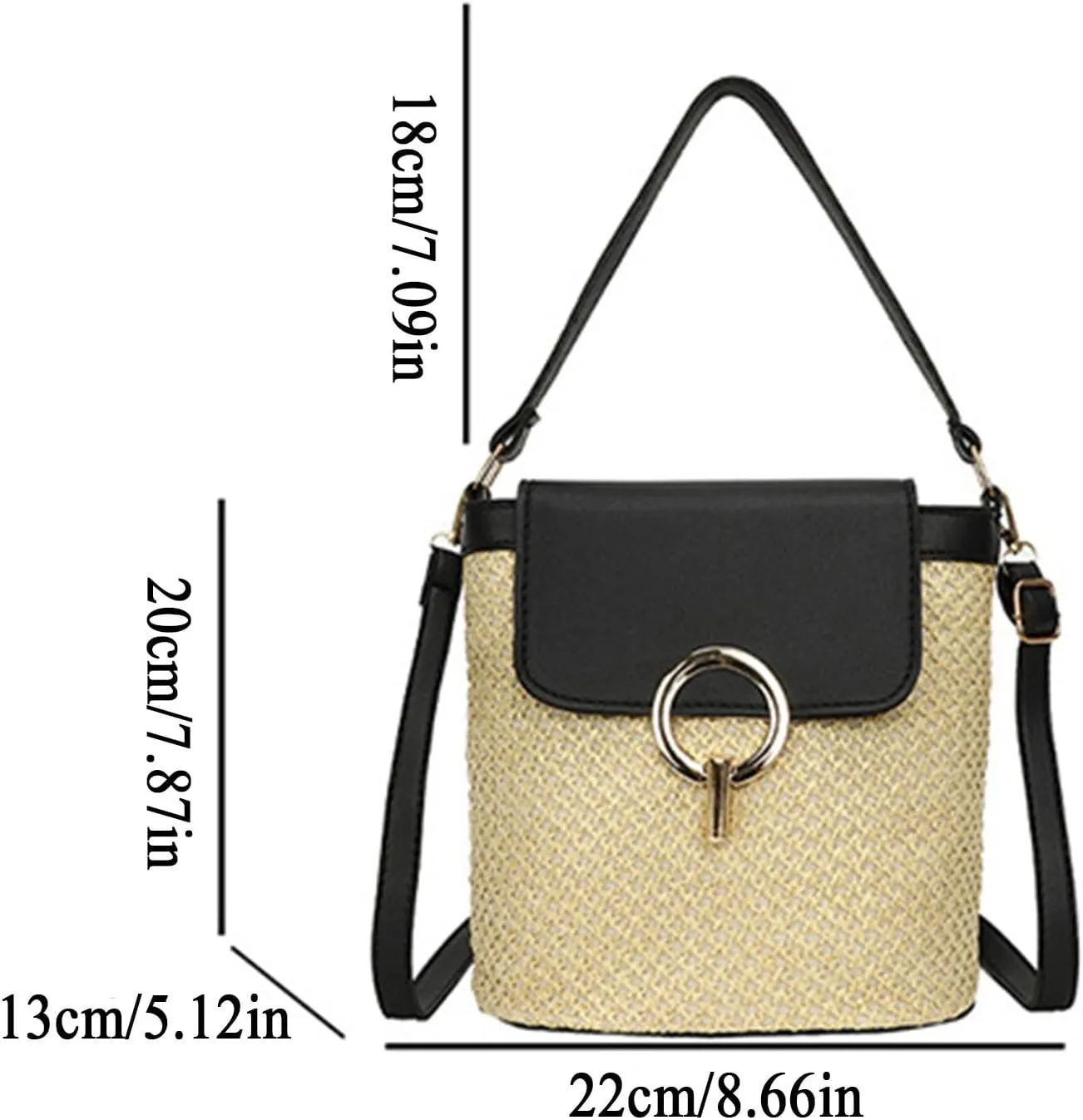 Straw Weave Women Ladies Bucket Handbags Summer Beach Shoulder Bags Canvas Denim Messenger Bag (B, One Size)