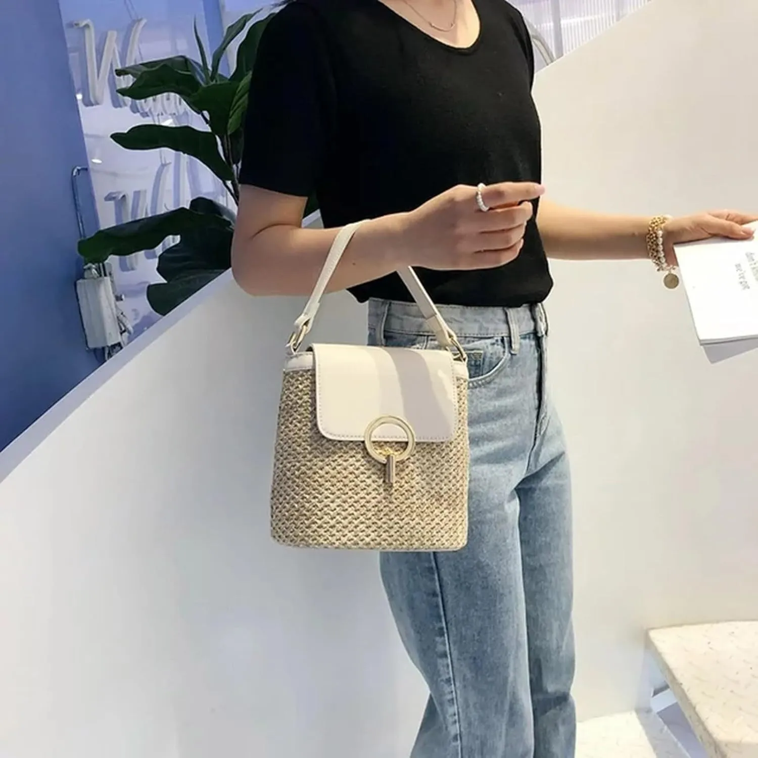 Straw Weave Women Ladies Bucket Handbags Summer Beach Shoulder Bags Canvas Denim Messenger Bag (B, One Size)