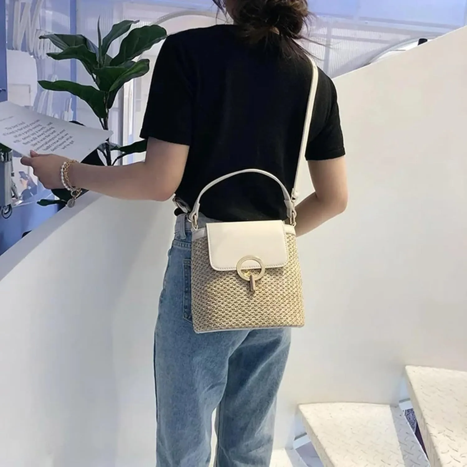 Straw Weave Women Ladies Bucket Handbags Summer Beach Shoulder Bags Canvas Denim Messenger Bag (B, One Size)