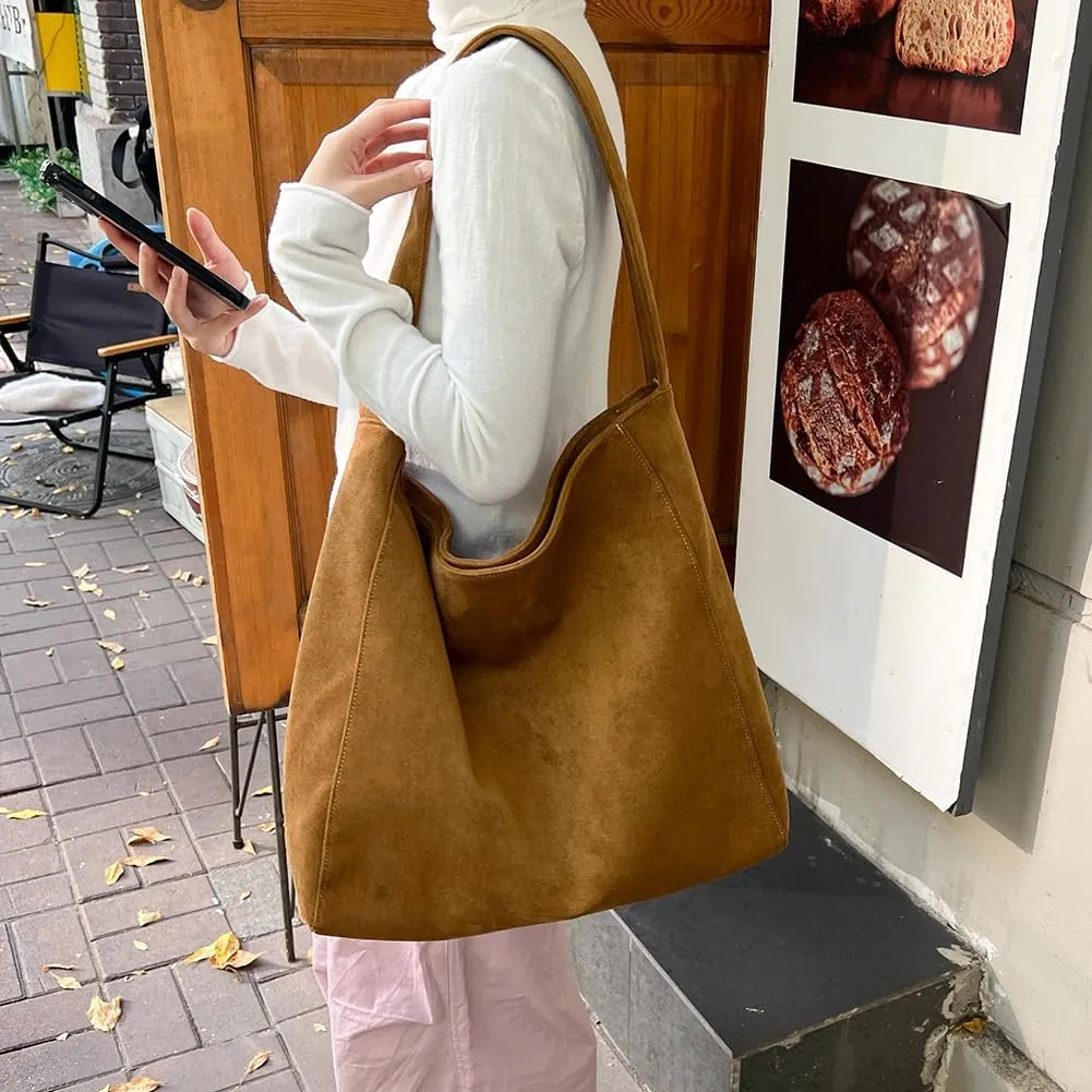 Suede Bags for Women Brown Suede Hobo Handbag Slouchy Bag Faux Suede Tote Bag Retro Suede Shoulder Bag Fall Purse