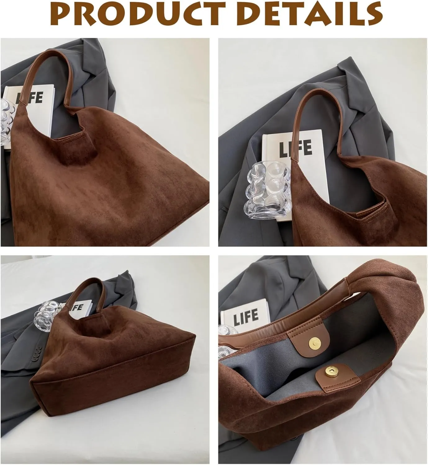 Suede Bags for Women Retro Tote Bag Suede Slouchy Bag Hobo Handbag Office Bags Tote Handbag-With Pu Leather Clutch Purse