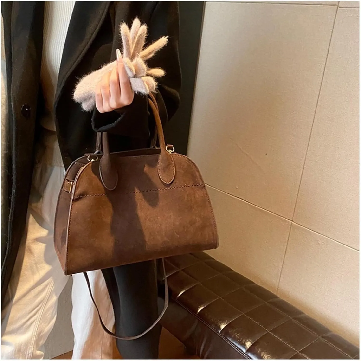 suede bags for women,Women's Suede Purse Vintage Top Handle Bag, Fashion Retro Shoulder Satchel Work Leather Bag