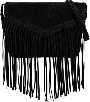 Suede Crossbody Bag with Fringe Vintage Tassel Purse Messenger Bag for Women Girls, Black