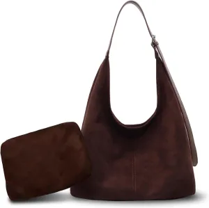 Suede Hobo Bag for Women Slouchy Purse Fashionable Brown Tote Handbag Office Shoulder Bags