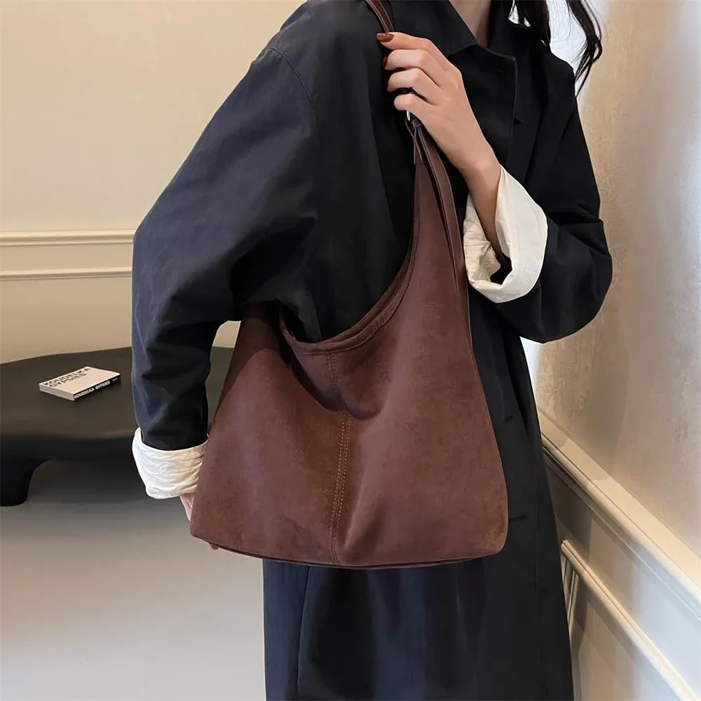 Suede Hobo Bag for Women Slouchy Purse Fashionable Brown Tote Handbag Office Shoulder Bags