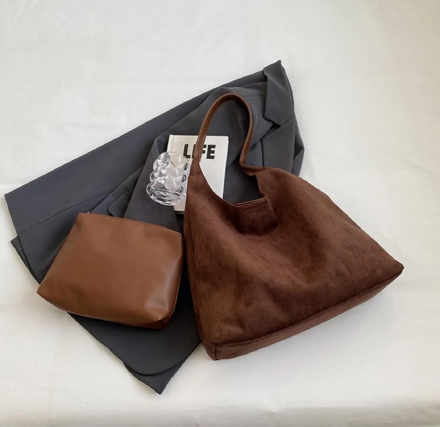 Suede Hobo Bag For Women,Slouchy Tote Bag Large Capacity Brown Suede Handbag 2pcs Mothers Day Gifts For Mom