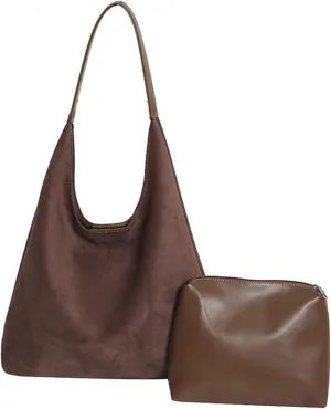 Suede Hobo Bag For Women,Slouchy Tote Bag Large Capacity Brown Suede Handbag 2pcs Mothers Day Gifts For Mom