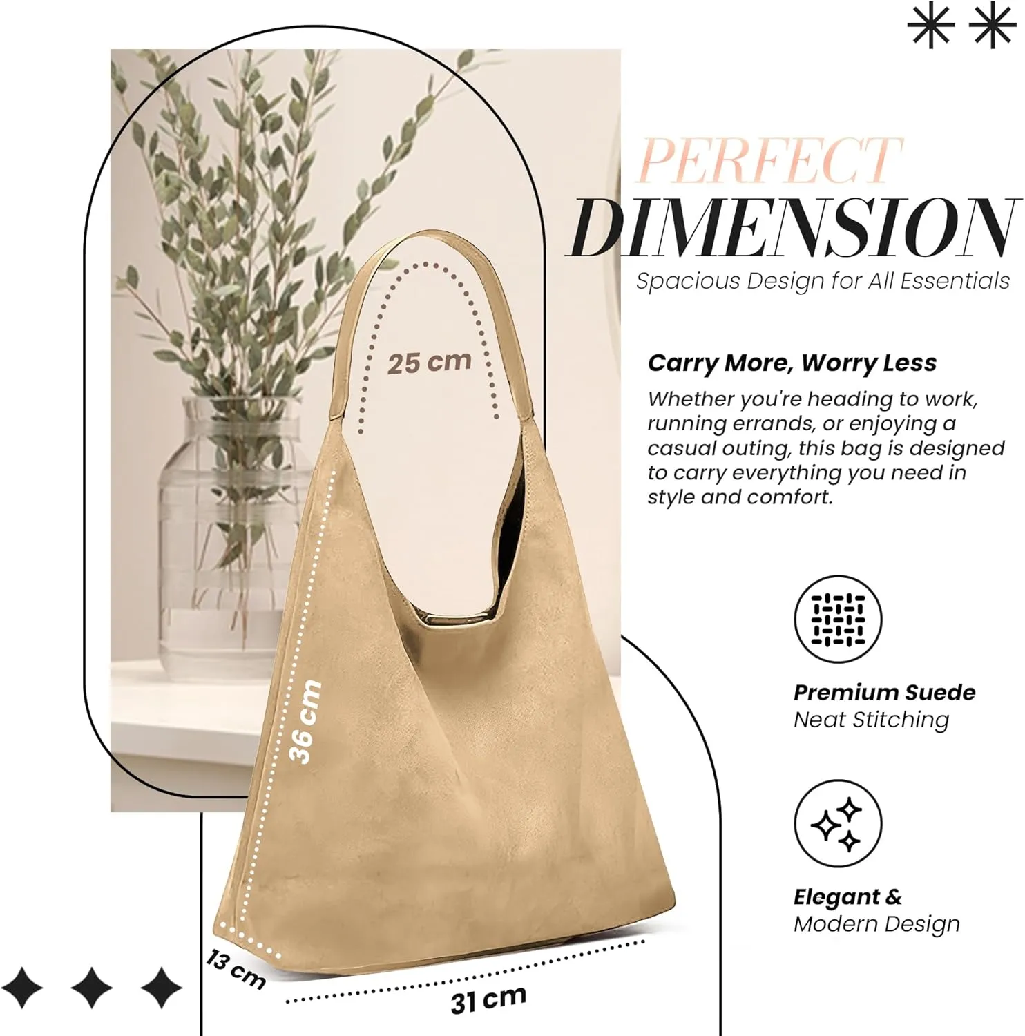 Suede Hobo Tote Bag for Women – Stylish Slouchy Handbag, Leather Work Bag, Women’s Handbags, Hobo Tote Bag for Travel&Office