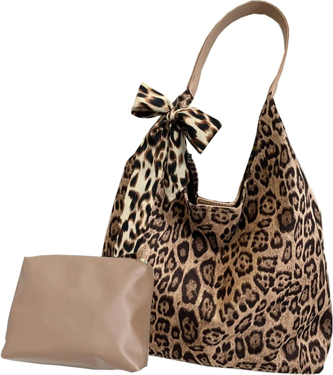 Suede Leopard Tote Bags for Women Cheetah Print Purse Suede Slouchy Hobo Shoulder handbags Large Capacity Bag 2PCS