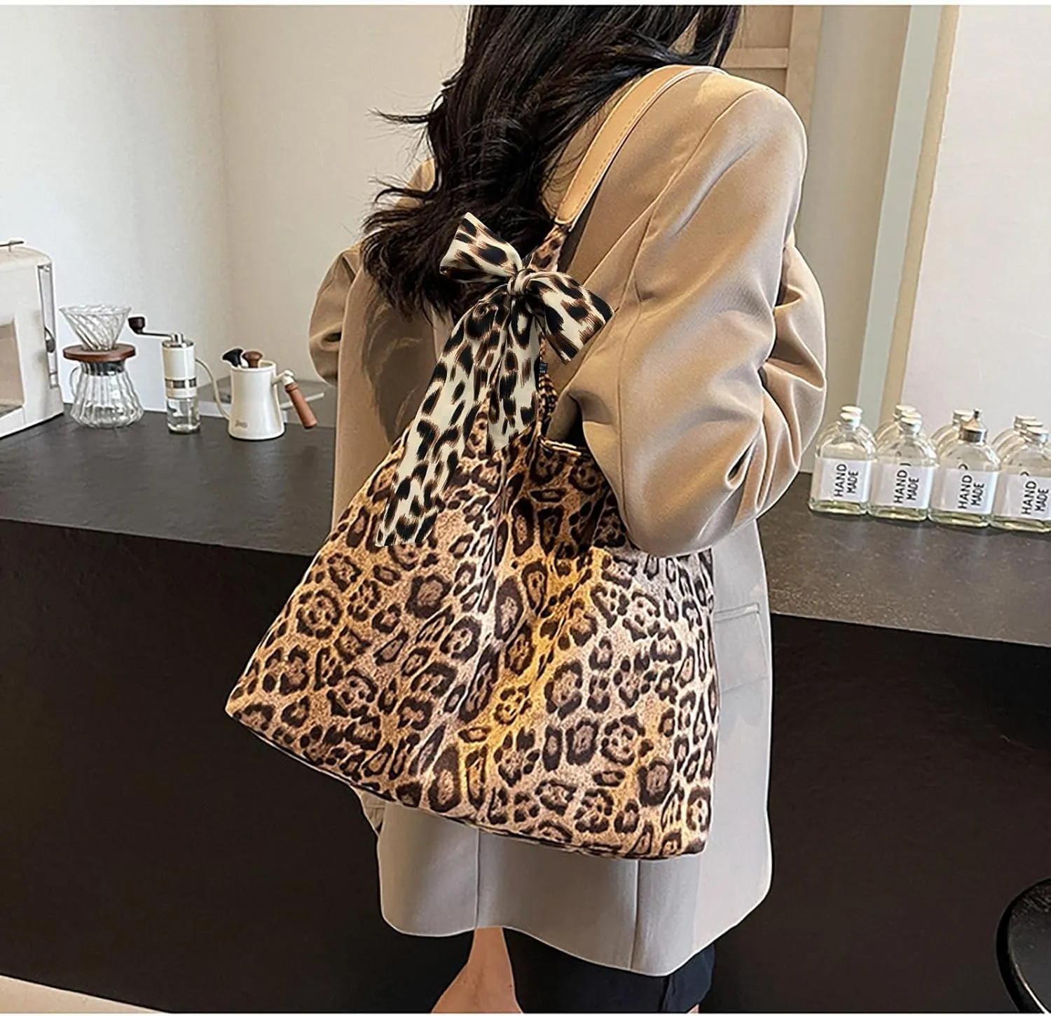 Suede Leopard Tote Bags for Women Cheetah Print Purse Suede Slouchy Hobo Shoulder handbags Large Capacity Bag 2PCS