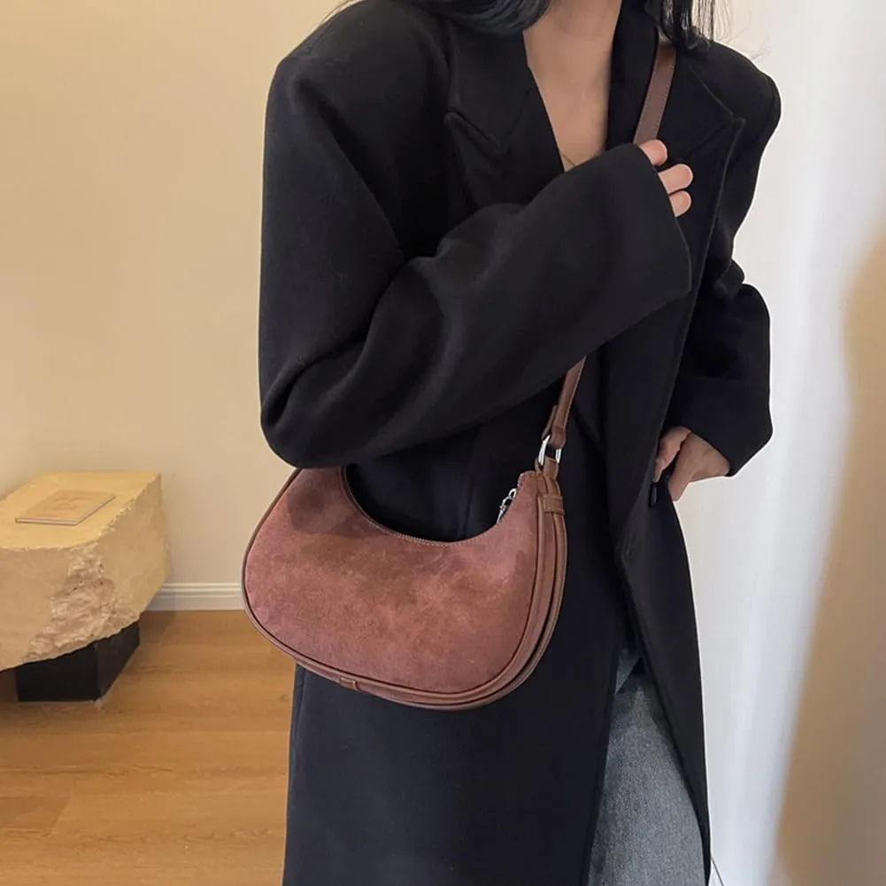 Suede Shoulder Bag Crescent Suede Purse for Women Brown Suede Handbags 2024 Fall Purse Stylish Suede Crossbody Bag