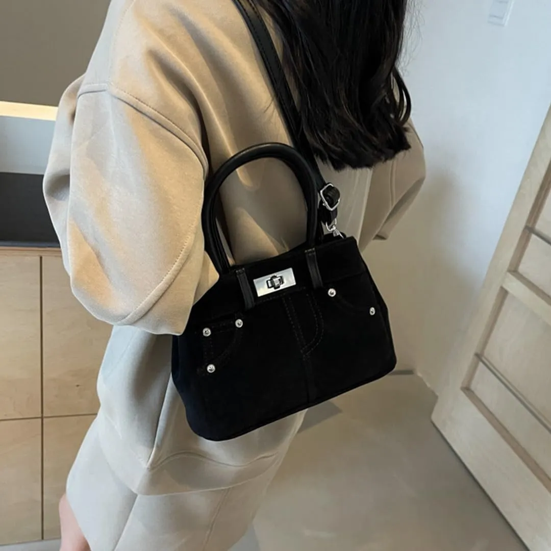 Suede Shoulder Bag for Women Retro Suede Tote Bag Handbag Underarm Bag with Detachable Strap