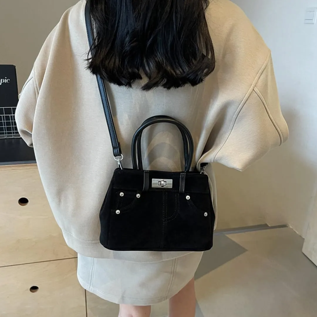 Suede Shoulder Bag for Women Retro Suede Tote Bag Handbag Underarm Bag with Detachable Strap