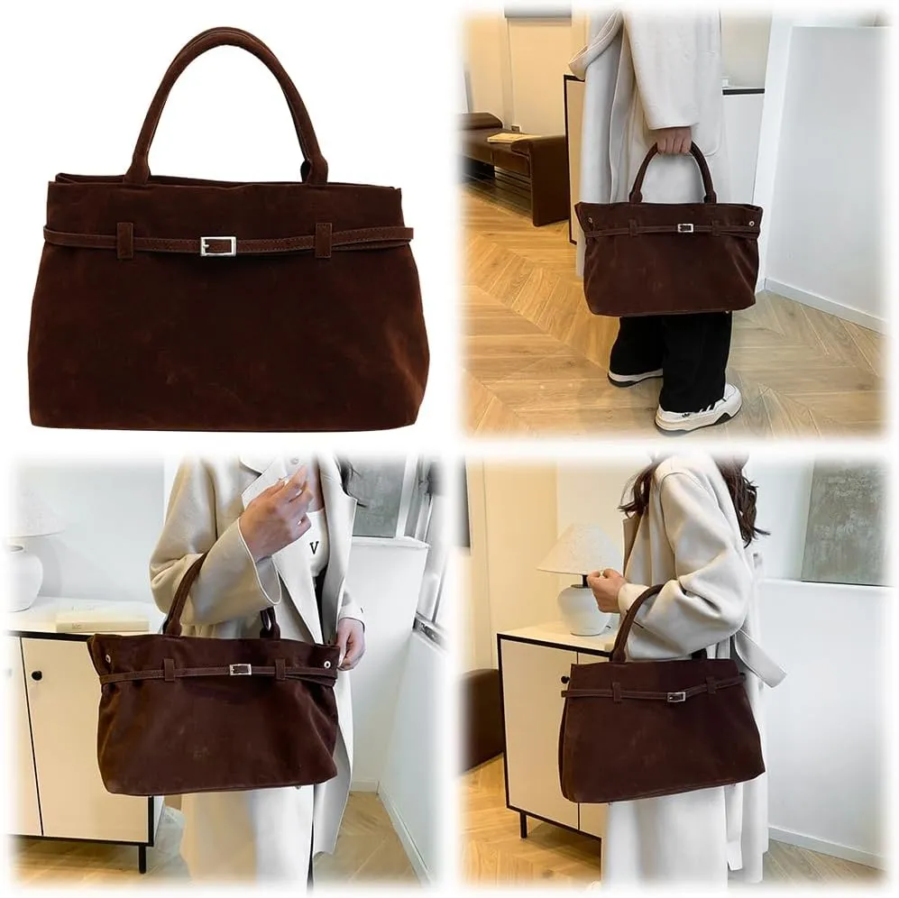 Suede Tote Bag for Women, Brown Suede Handbag Slouchy Hobo Bag Leather Purse Fall Winter Work Bag