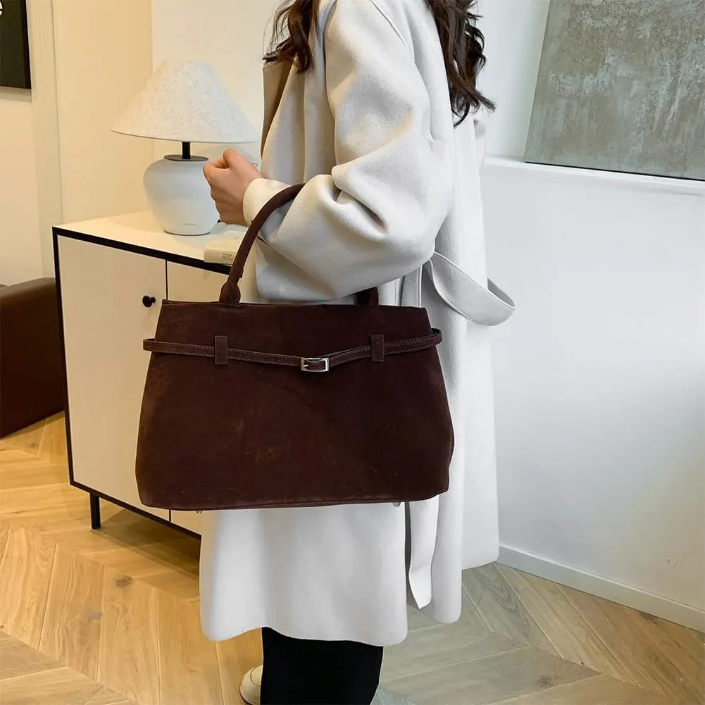 Suede Tote Bag for Women, Brown Suede Handbag Slouchy Hobo Bag Leather Purse Fall Winter Work Bag