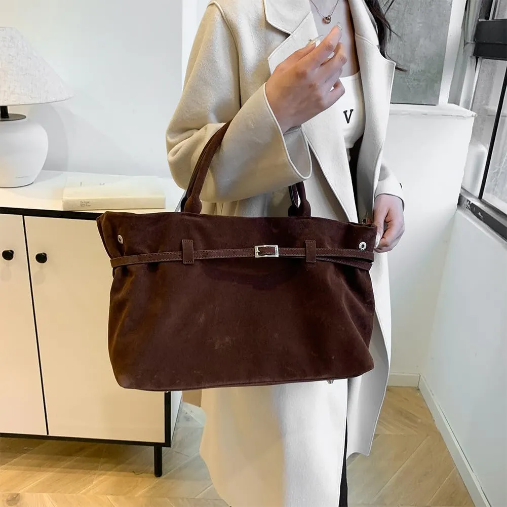 Suede Tote Bag for Women, Brown Suede Handbag Slouchy Hobo Bag Leather Purse Fall Winter Work Bag