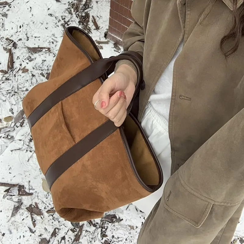 Suede Tote Bag for Women Retro Slouchy Work Bag Large Capacity Top Handle Bag Faux Suede Bag Shoulder Hobo Bag