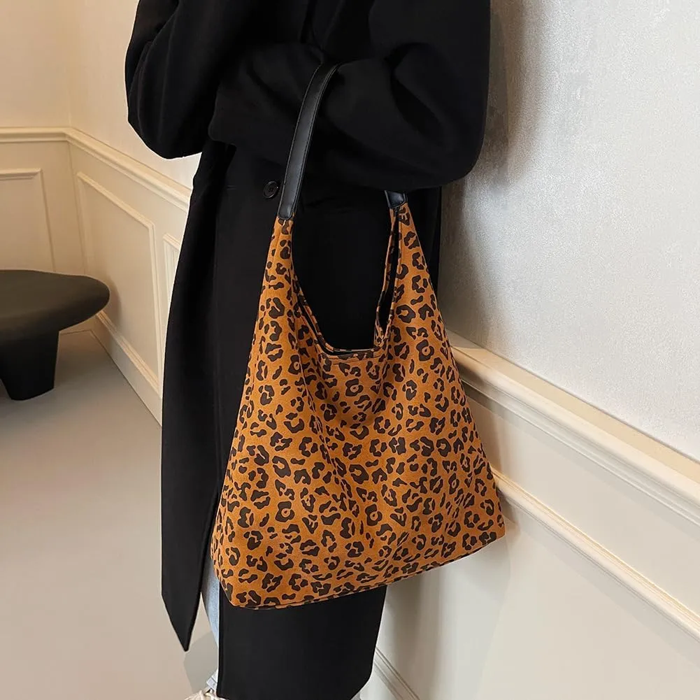 Suede Tote Bag for Women With Leopard Print Slouchy Hobo and Small Purse - Oversize Work Office Tote