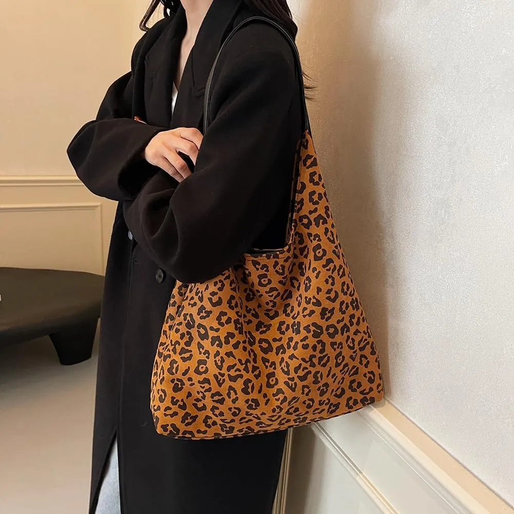 Suede Tote Bag for Women With Leopard Print Slouchy Hobo and Small Purse - Oversize Work Office Tote
