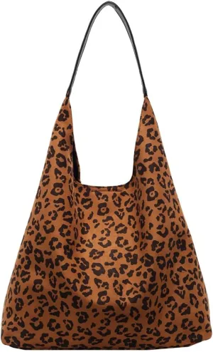 Suede Tote Bag for Women With Leopard Print Slouchy Hobo and Small Purse - Oversize Work Office Tote