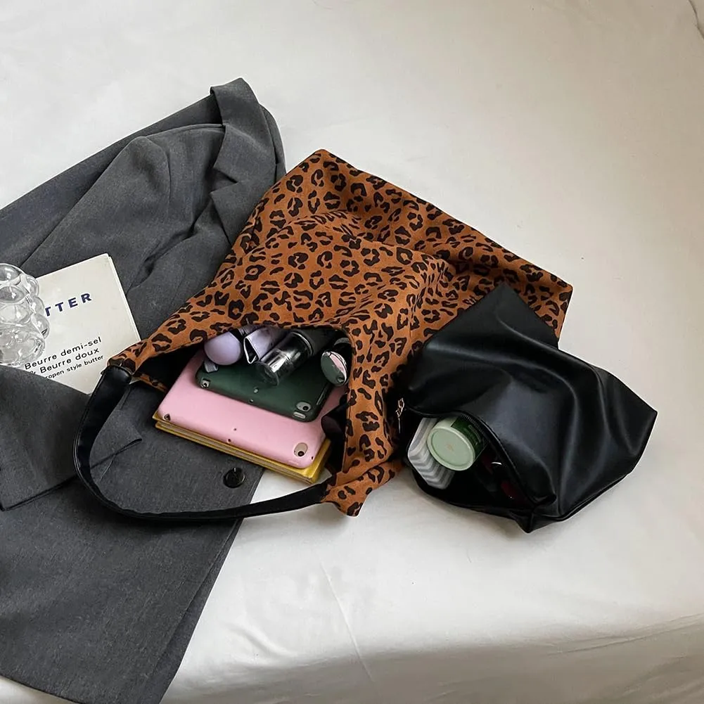Suede Tote Bag for Women With Leopard Print Slouchy Hobo and Small Purse - Oversize Work Office Tote