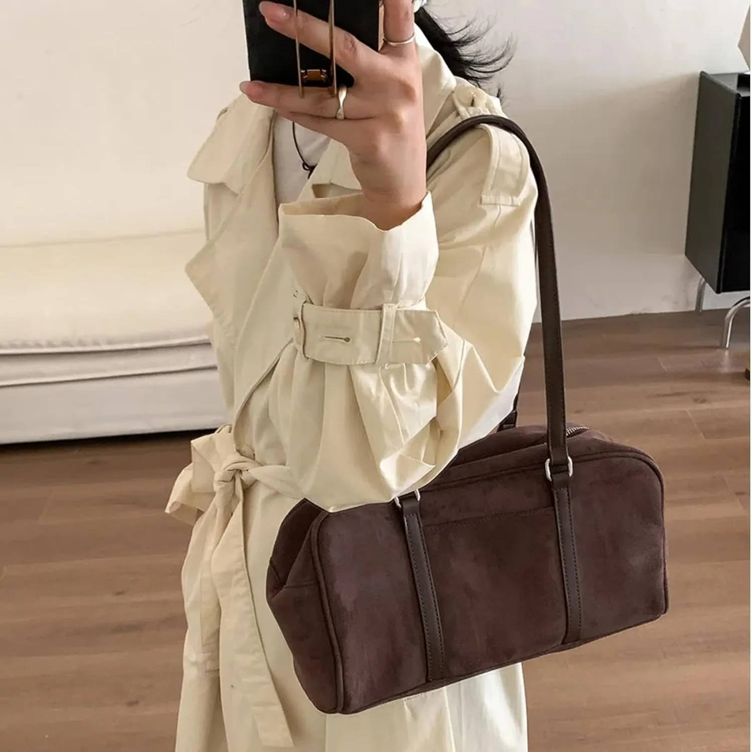 Suede Tote Bag for Women, Womens Purse Slouchy Hobo Handbag Brown Retro Top Handle Bag, Fashion Shoulder Satchel Work Bags