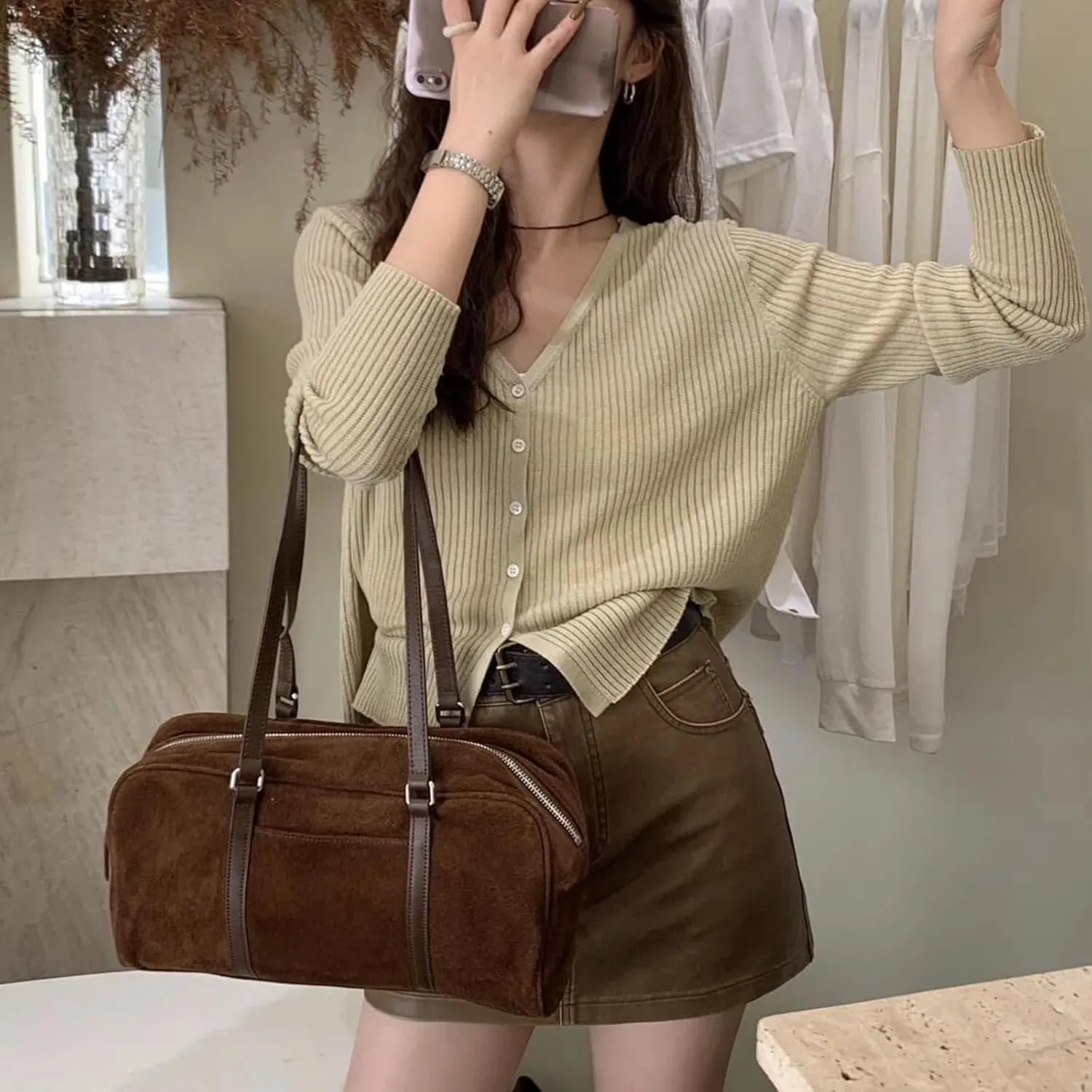 Suede Tote Bag for Women, Womens Purse Slouchy Hobo Handbag Brown Retro Top Handle Bag, Fashion Shoulder Satchel Work Bags