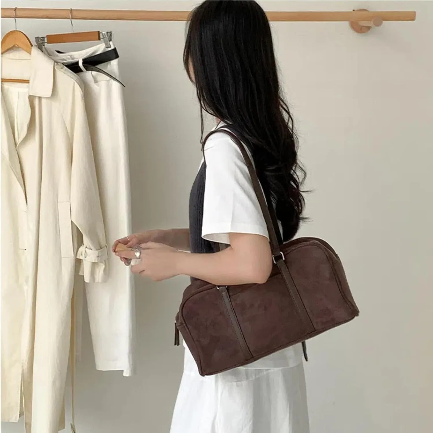 Suede Tote Bag for Women, Womens Purse Slouchy Hobo Handbag Brown Retro Top Handle Bag, Fashion Shoulder Satchel Work Bags