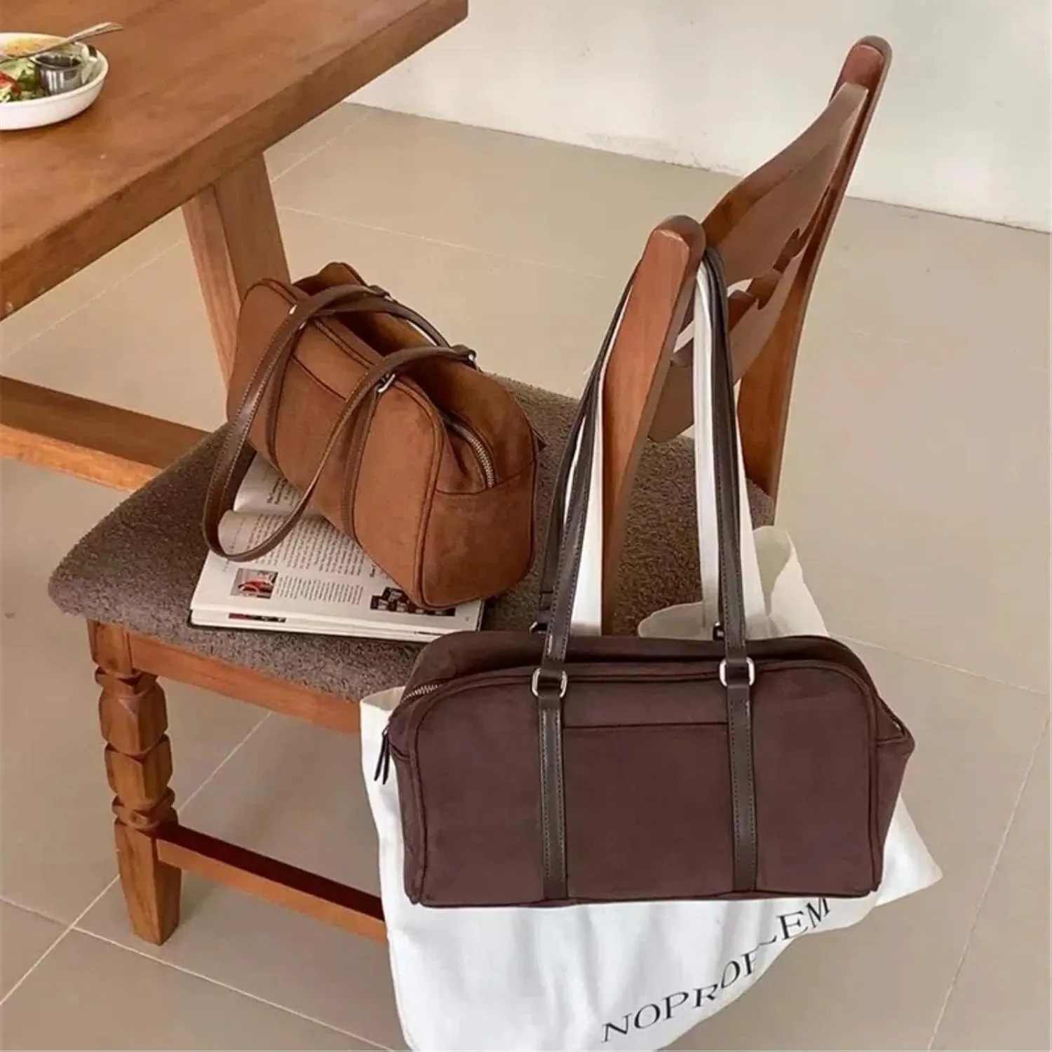 Suede Tote Bag for Women, Womens Purse Slouchy Hobo Handbag Brown Retro Top Handle Bag, Fashion Shoulder Satchel Work Bags